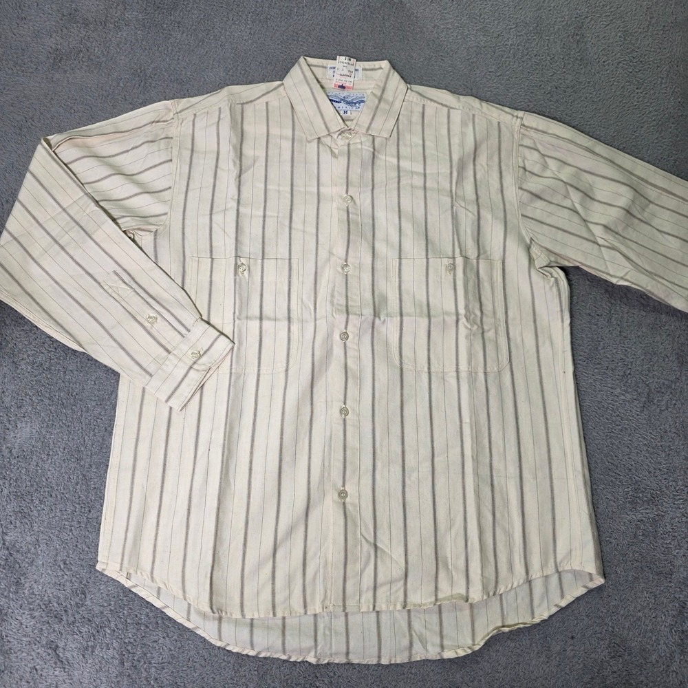 Perry Ellis America Mens M Button Front Shirt Cream Striped Madras Cotton 5496‎